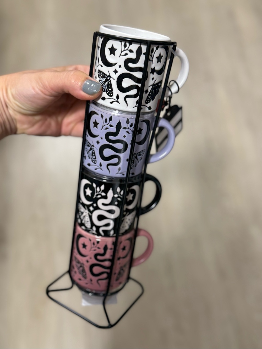 Stacked Ceramic mini Mug Set with Snake & Star Motif - White, Lilac, Black, Pink